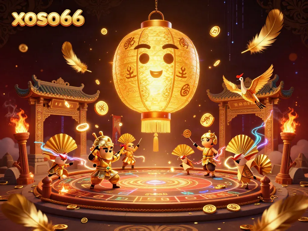 Experience xoso66 with a golden lantern spirit in a vibrant casino night market scene.