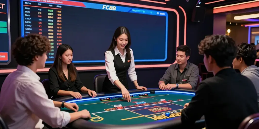 Exciting live betting atmosphere at FC88 casino with players engaged around gaming table.