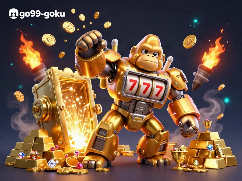 Experience the dazzling excitement of go99-goku with a 3D gorilla mech surrounded by casino treasures and gold.