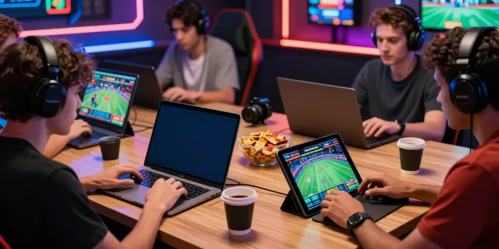 A diverse group of players enjoying online gaming and betting activities on their devices, capturing the excitement of gem88.