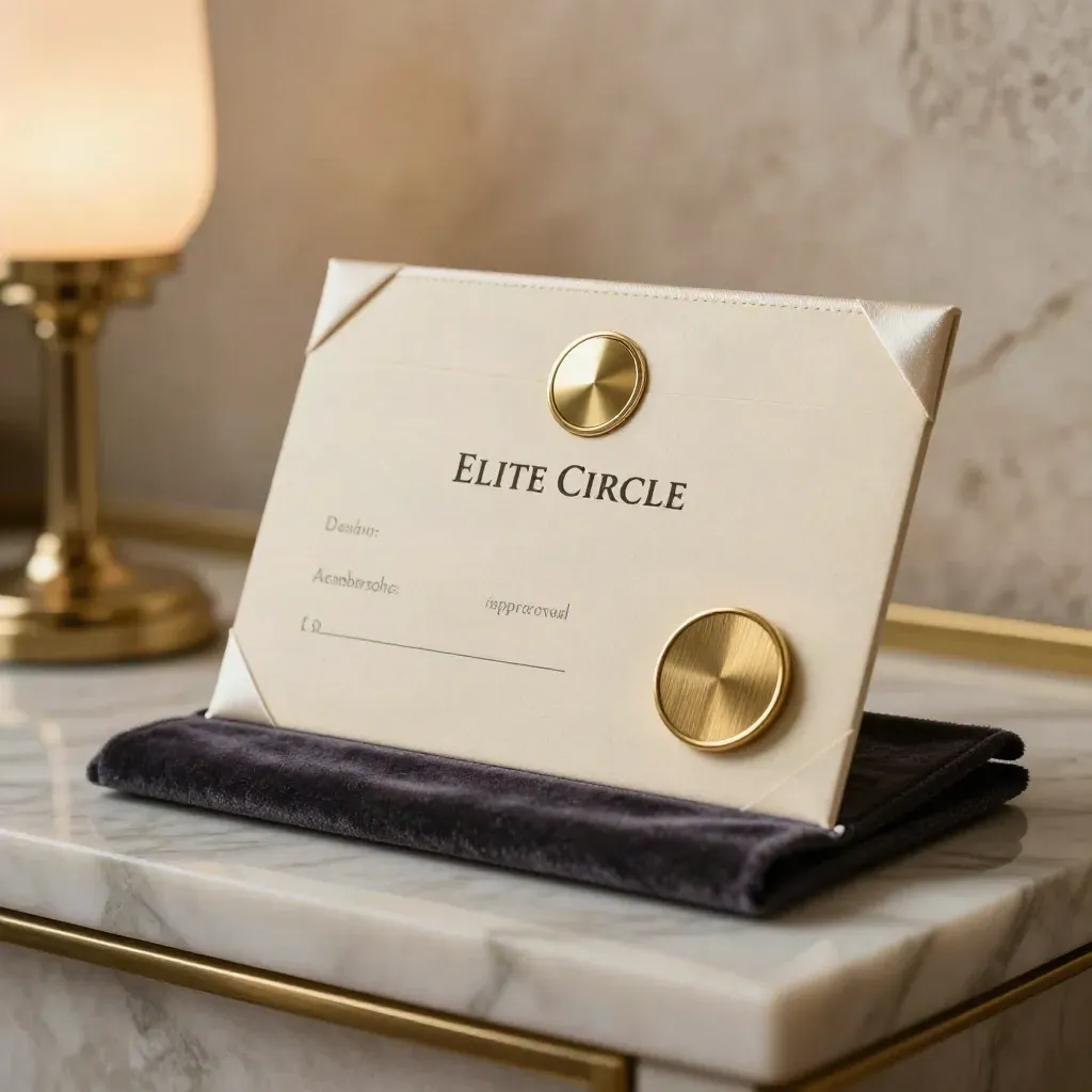 Mermer kaide üzerinde mühürlü üyelik kiti, pirinç rozet ve kadife ekli concierge sahnesi.