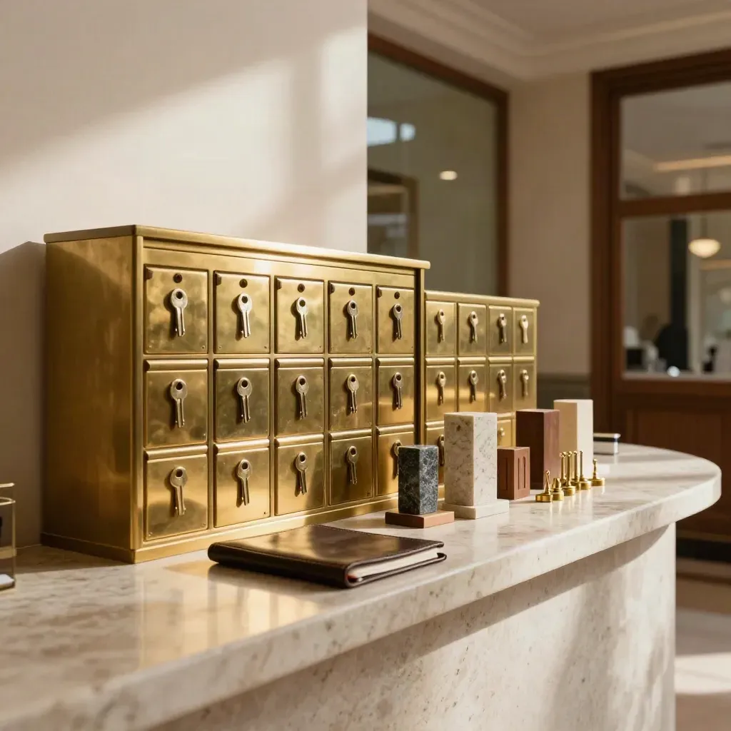 Taş tezgahta bronz anahtar kutuları ve mini bina bloklarıyla şık lobide emlak concierge düzeni