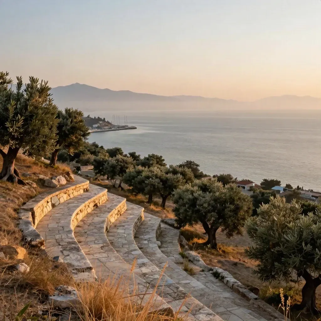 İzmir kıyısı, zeytinlikler, teraslı yamaç ve ufukta marina; alacakaranlıkta sakin Ege.