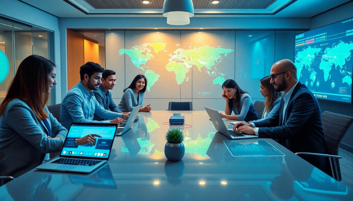 快连官网 showcasing professionals discussing internet services in a modern office.