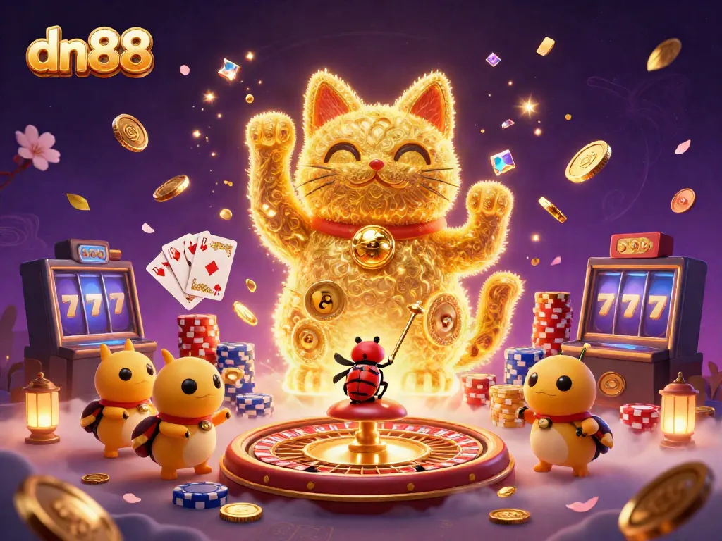 Engage with the stunning dn88 casino scene showcasing a lucky cat, golden coins, and colorful gambling elements.