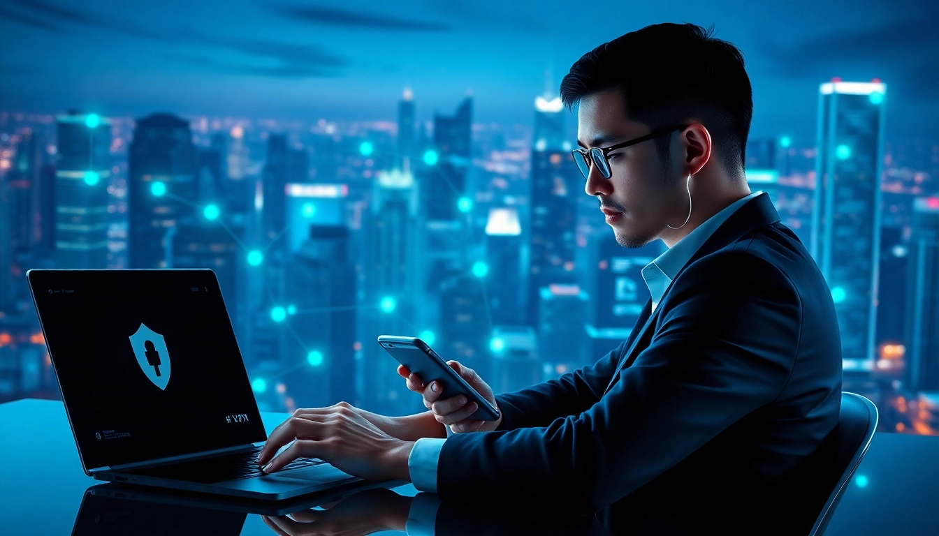 快连官网: A user enjoys seamless connectivity with 快连 VPN on multiple devices in a modern city setting.