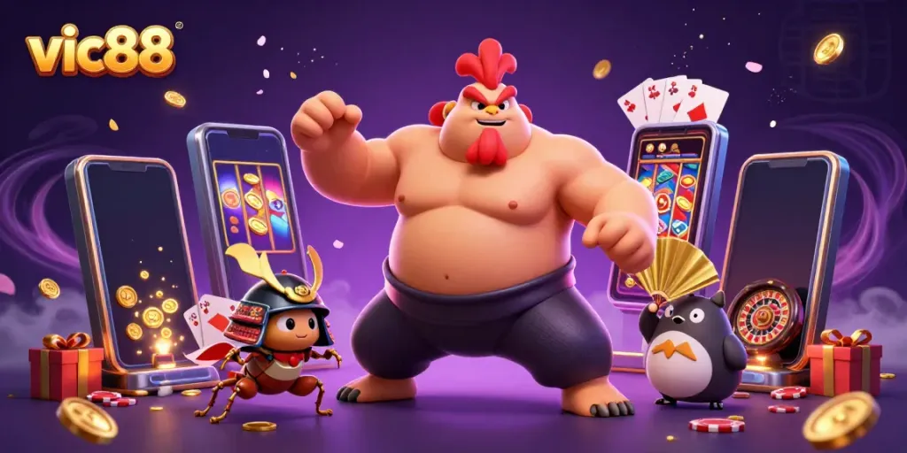 Experience the excitement of vic88 with themed characters and dynamic gaming elements in a vibrant 3D illustration.