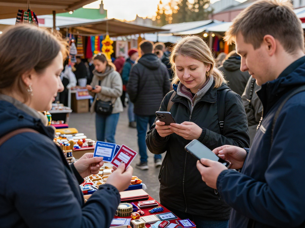 Rusya'daki pazar yerinde yerel satıcılarla etkileşimde bulunan turistler, PayInRussia sanal kartlarını kullanarak.