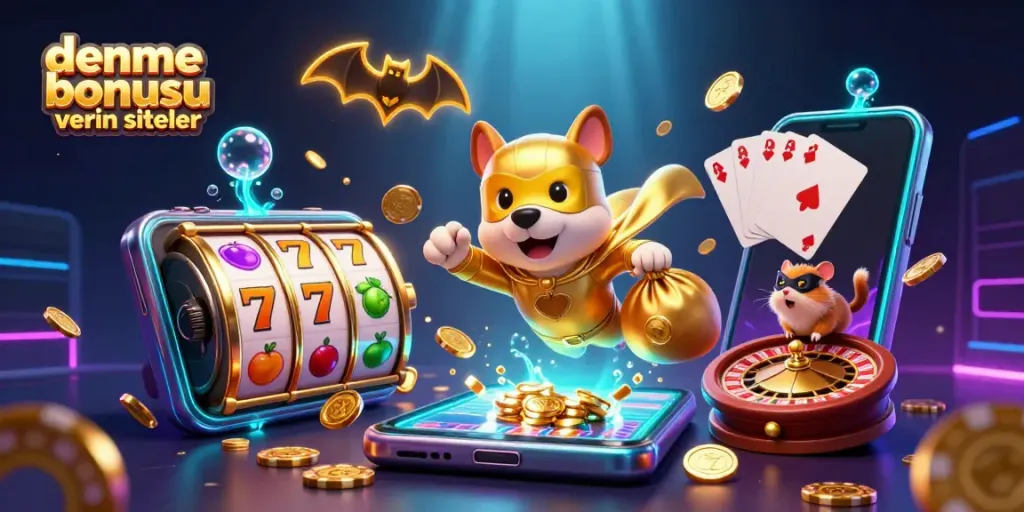 Engage with deneme bonusu veren siteler as a heroic dog flies with coins amidst vibrant casino elements.