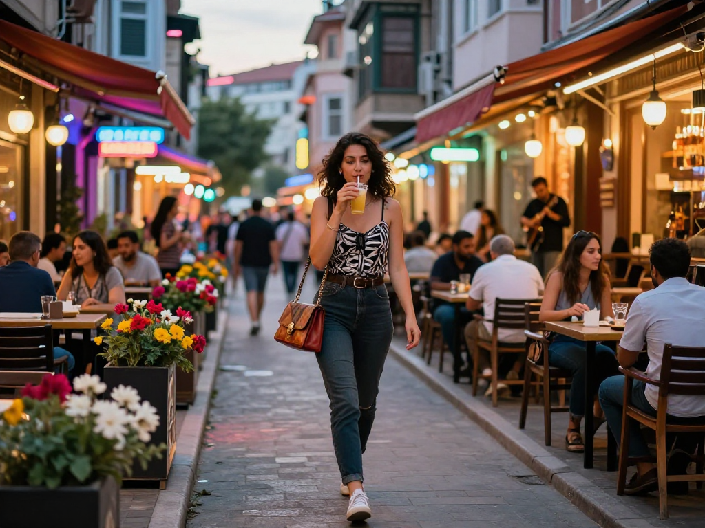 Beylikdüzü escort, canlı gece hayatı ve şık giyim ile kadın sokakta yürürken.