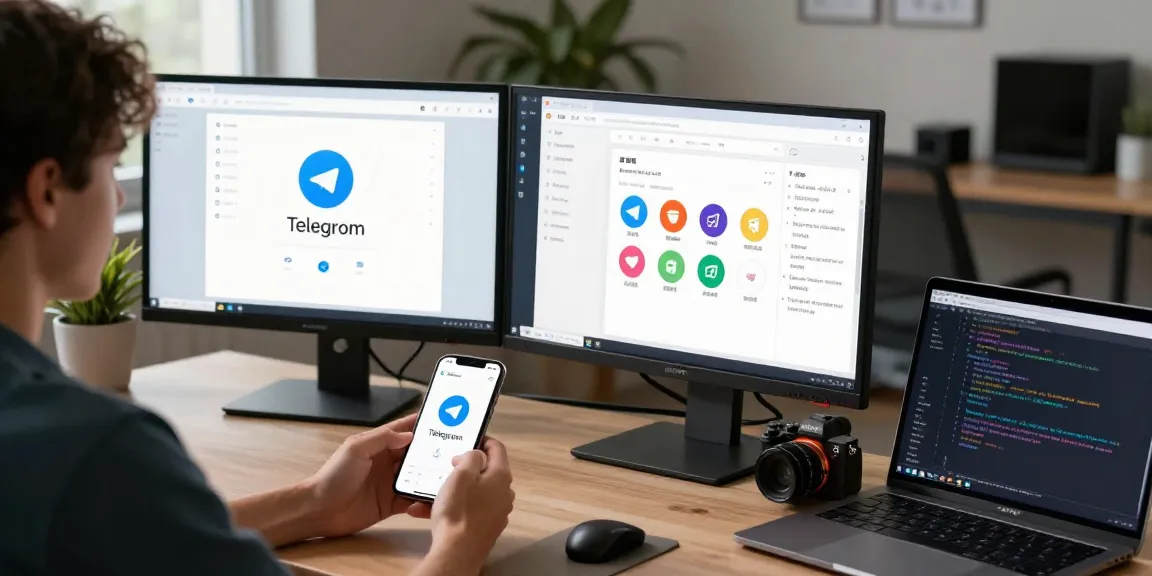Customizing Telegram Chinese settings in a modern tech workspace with dual monitors and smartphone.