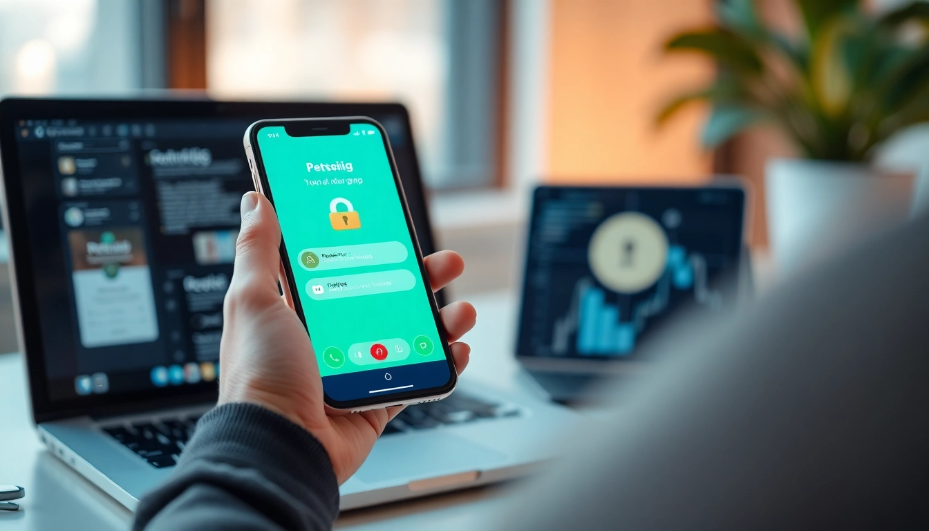 Securely download Potato下载 messaging app on smartphone in a modern tech setting.