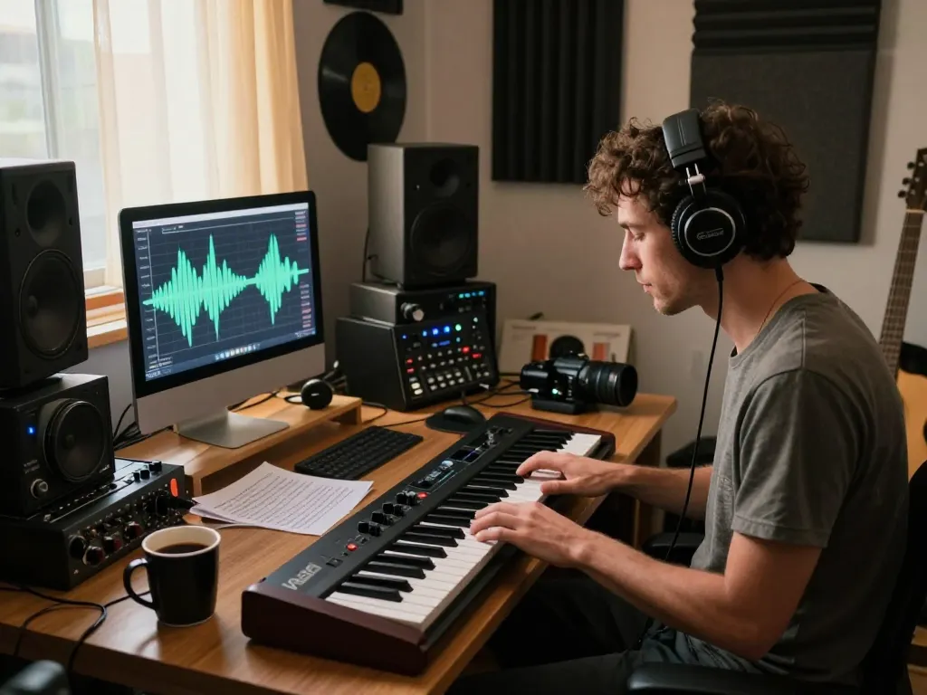 Musician playing VK88 in a cozy home studio with ambient lighting