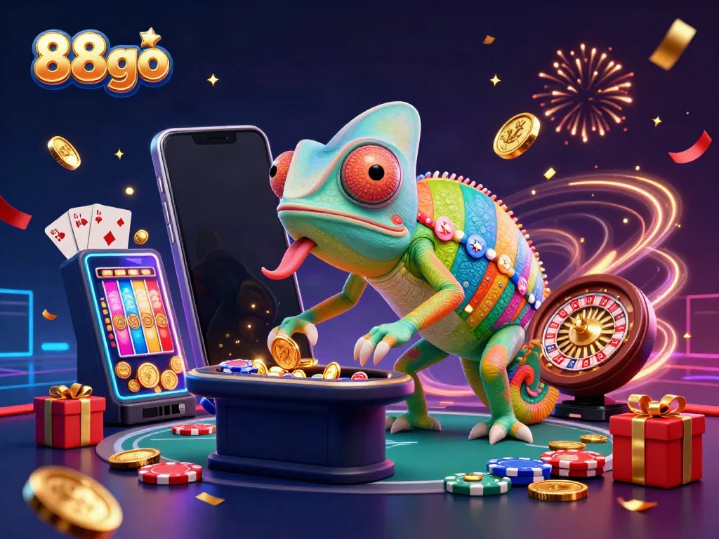 Engaging scene of 88go's vibrant casino features, showcasing a chameleon casino owner and dynamic gaming elements.
