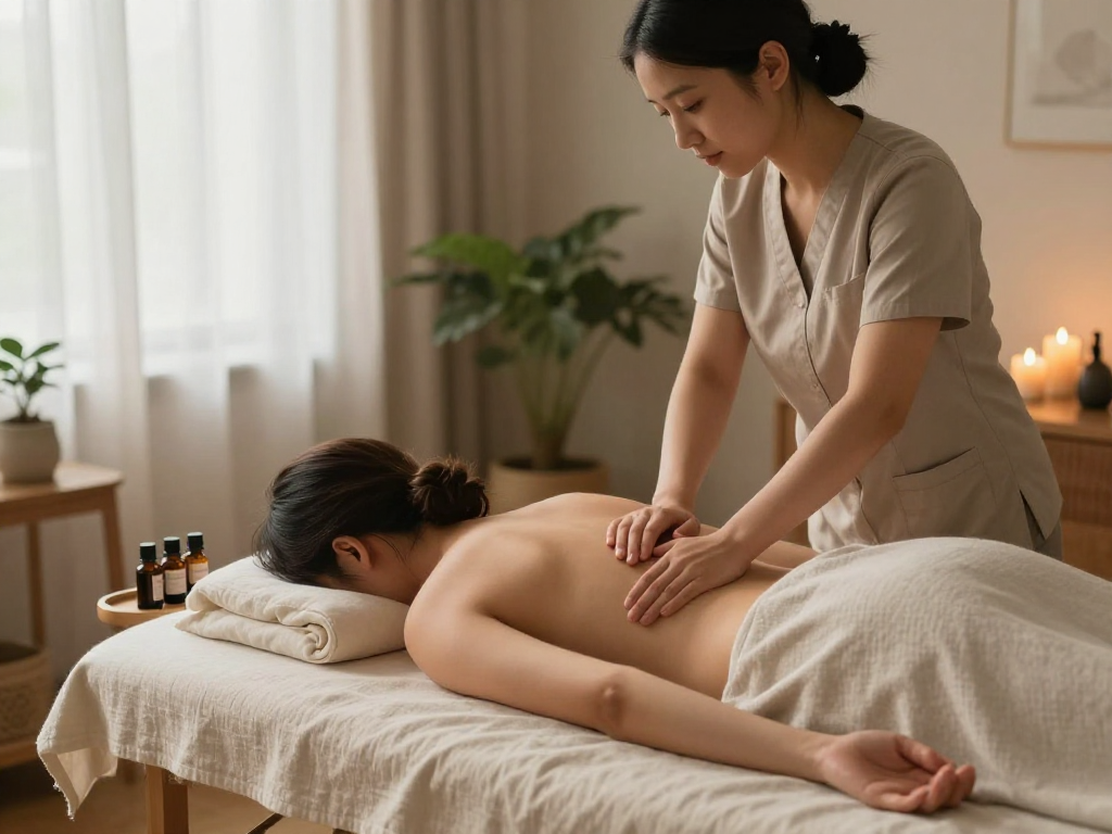 강남출장마사지 in a serene home environment with a therapist providing a soothing massage.