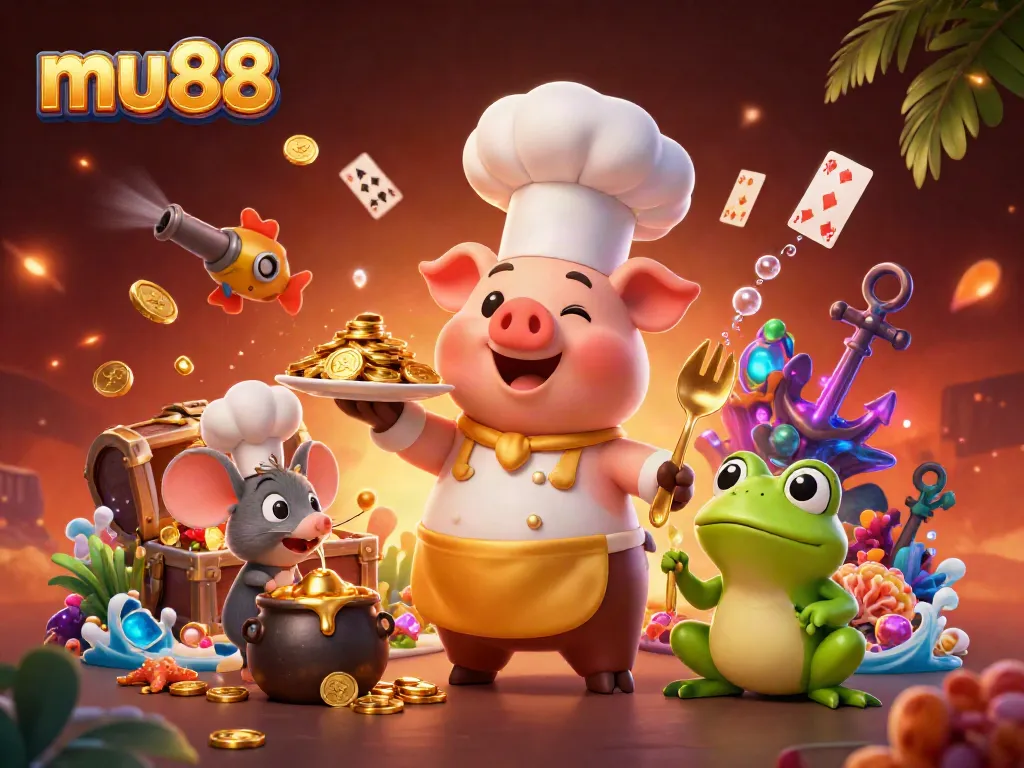 Explore casino riches with mu88 in this vibrant 3D illustration showcasing gold coins and colorful game elements.