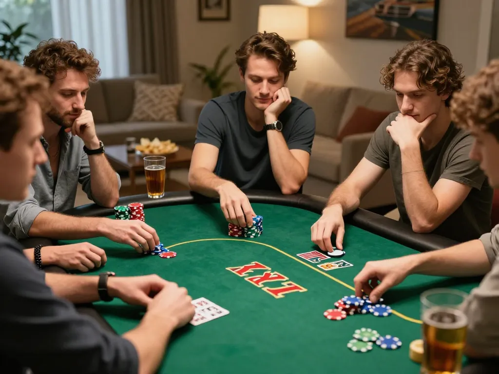 Friends playing poker at home, showcasing vibrant gameplay and casual environment for five88cn.