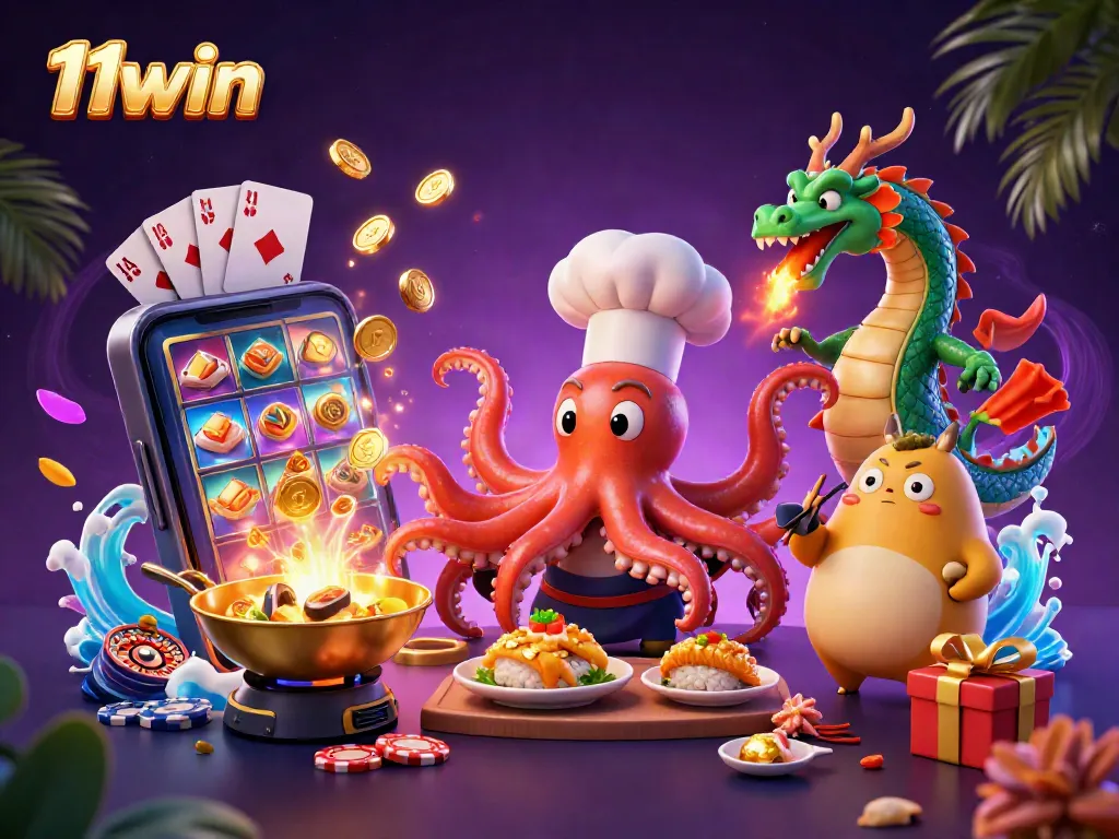 11win offers an exhilarating casino experience with a dynamic illustration of a sushi chef octopus, fiery dragon, and excited tanuki in a vibrant scene.