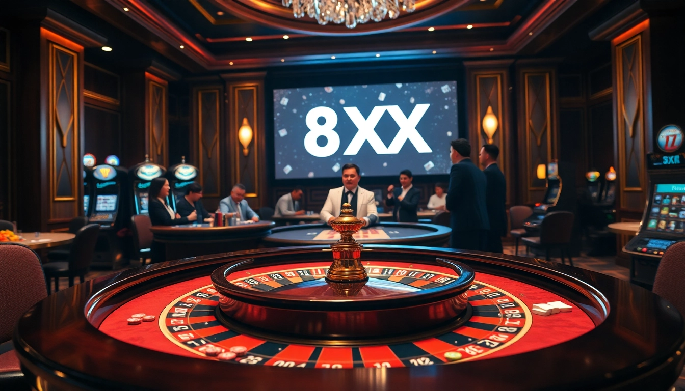 Players enjoying high-stakes gaming at 8 XX casino table with chips and cards.