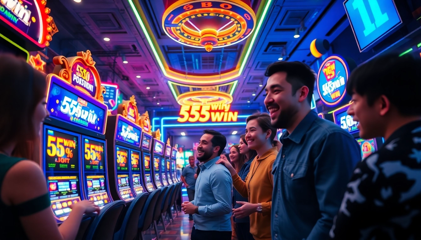 Exciting casino scene featuring players at 555win slot machines, illuminated by vibrant neon lights.