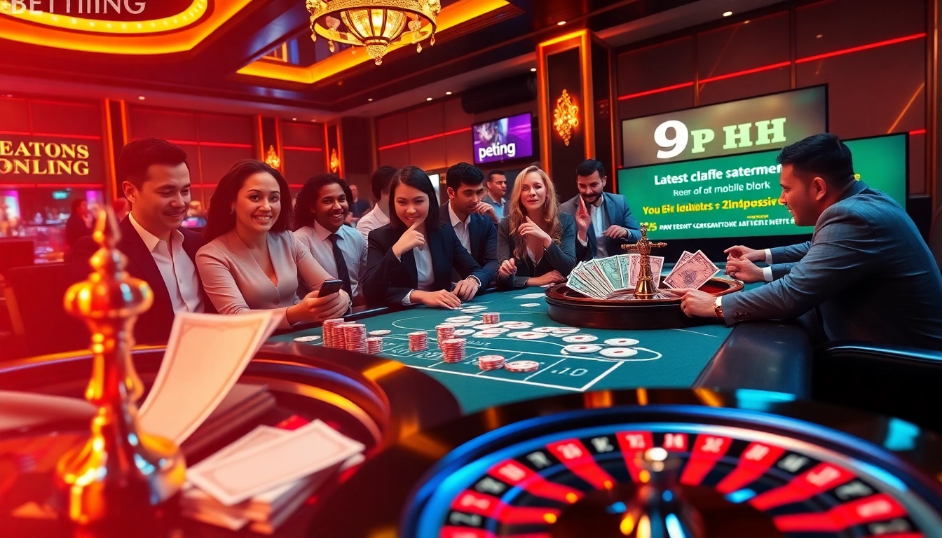 Players celebrating wins at the 9PH casino with chip stacks and cards in hand.