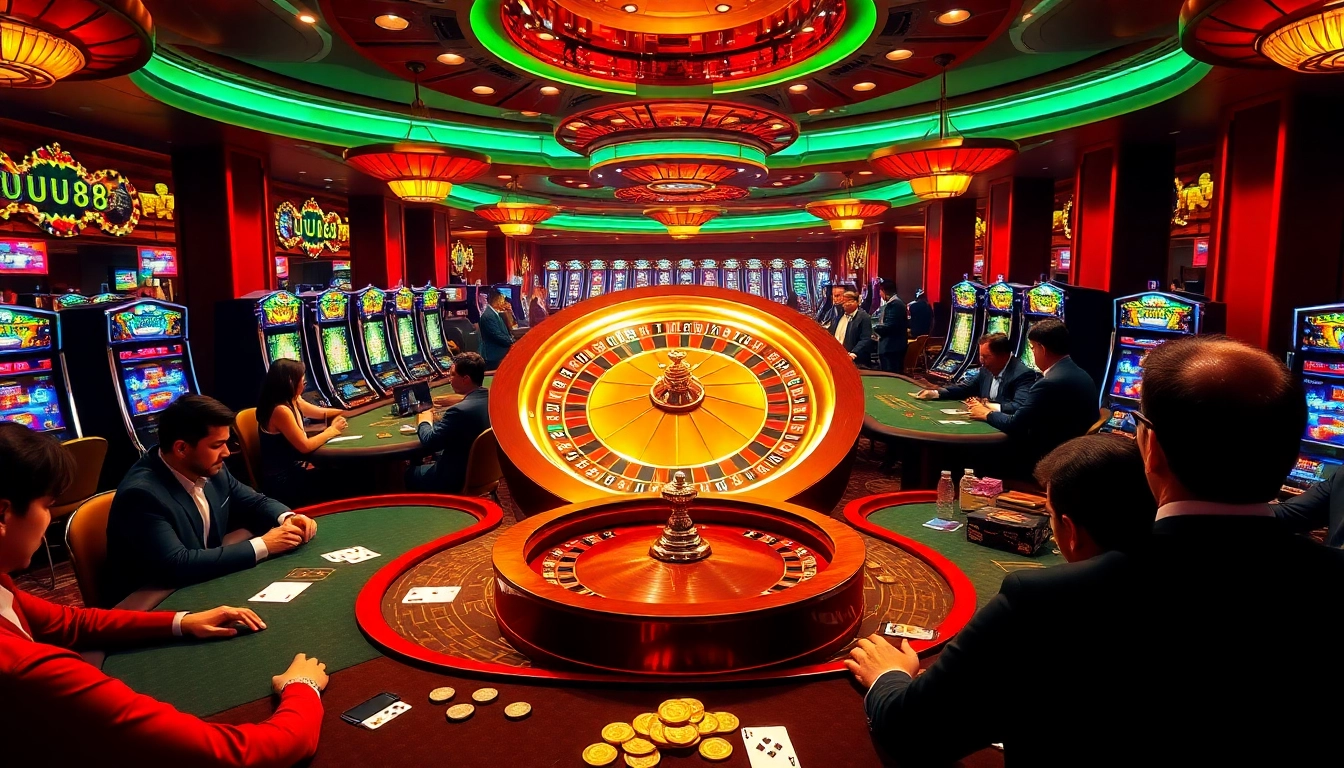 UU88 features vibrant casino games with excited players at roulette and poker tables.