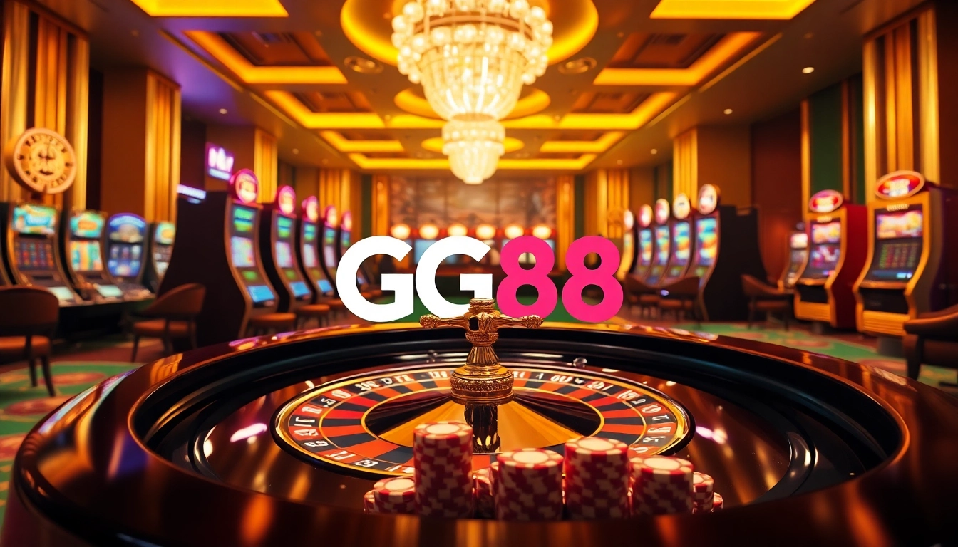 Experience the thrill of gambling at GG88 with vibrant casino visuals and luxury gaming elements.
