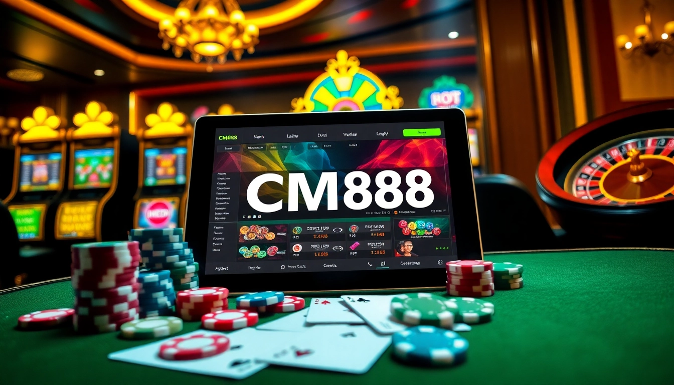 Experience the thrilling atmosphere of CM88 casino with vibrant gaming elements and digital interfaces.