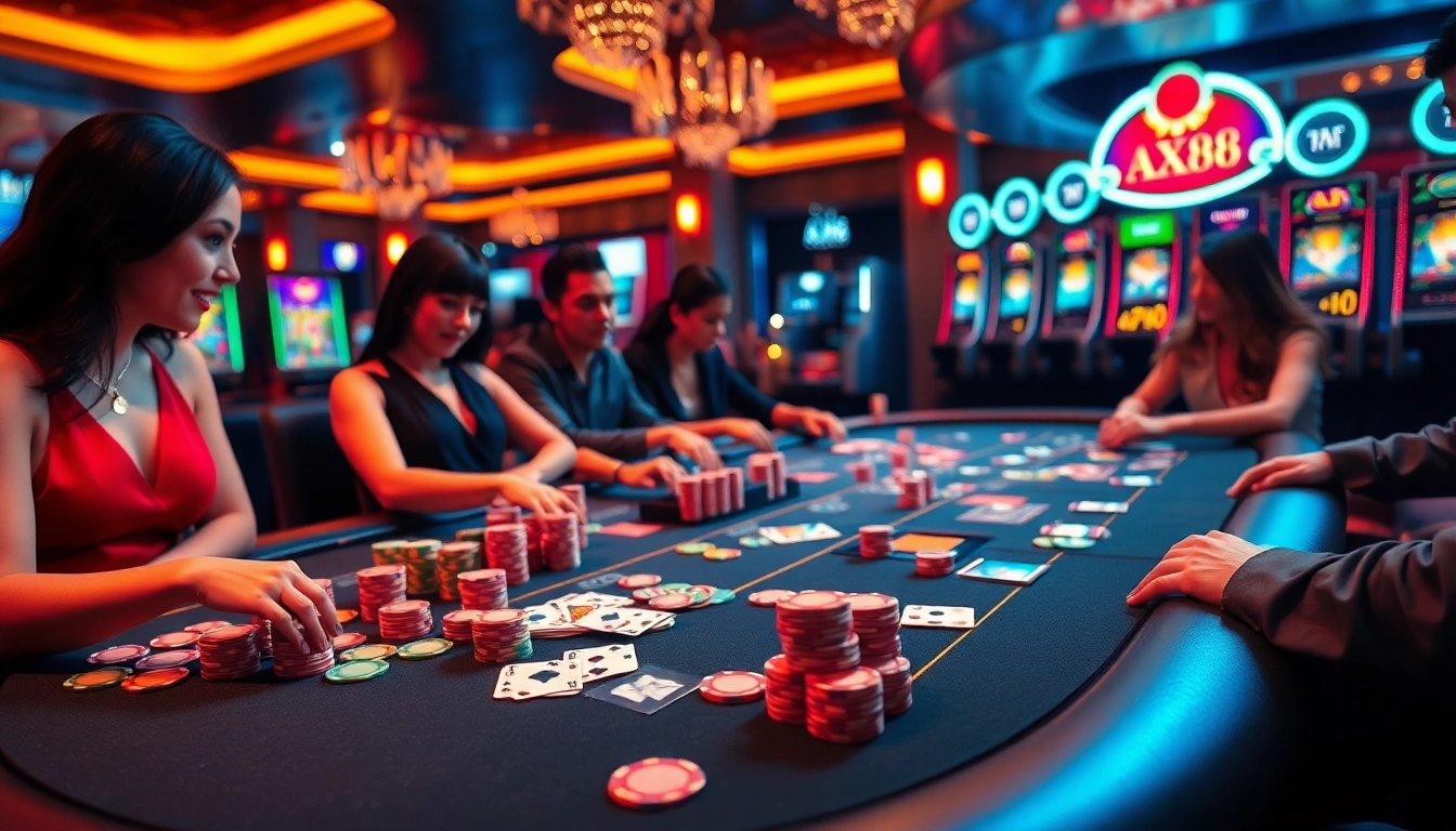 AX88 gaming scene with players at a vibrant casino table, colorful chips, and cards.