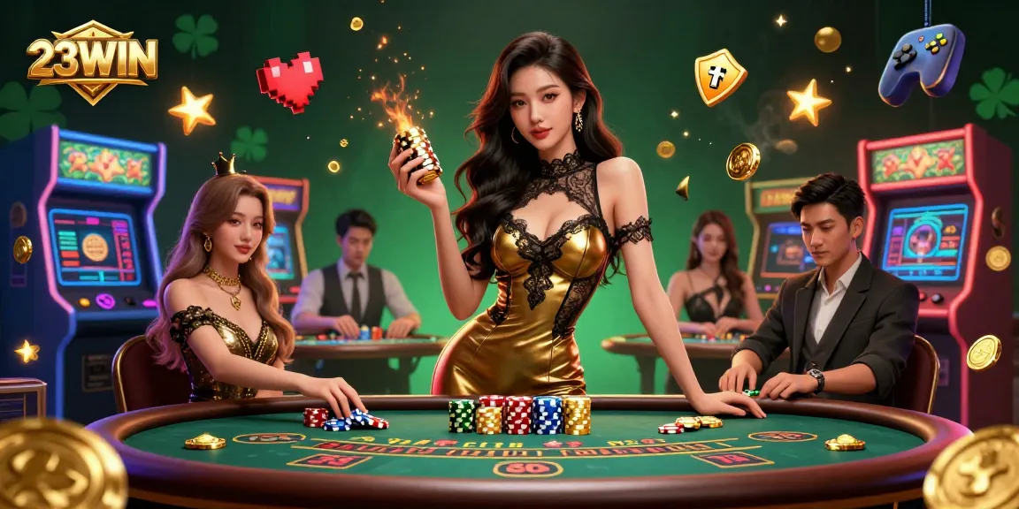 Experience the thrilling vibe of 23WIN as stunning Asian dealers handle golden casino chips.