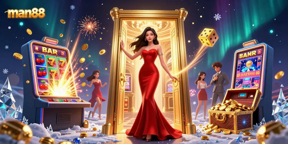 Experience winning moments with man88 in this vibrant casino-themed illustration enriched with jackpots.