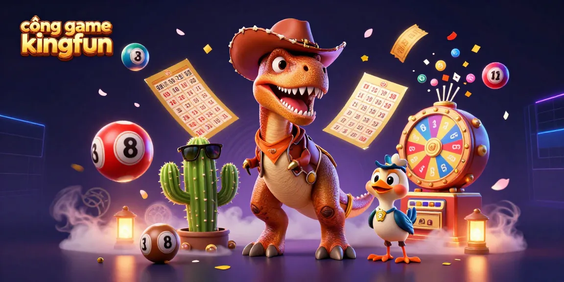 Cổng game kingfun showcases a dynamic 3D scene with a cowboy dinosaur and casino elements, highlighting vibrant lottery actions.
