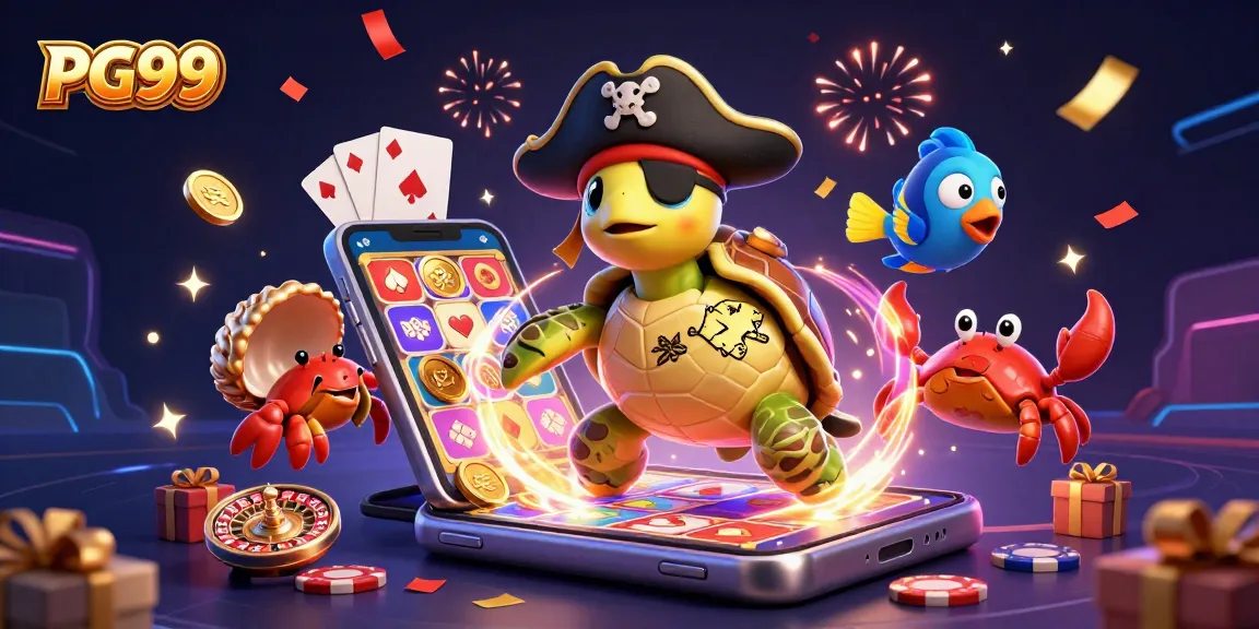 Experience the excitement of PG99 with a vibrant 3D casino scene featuring a treasure-hunting turtle.