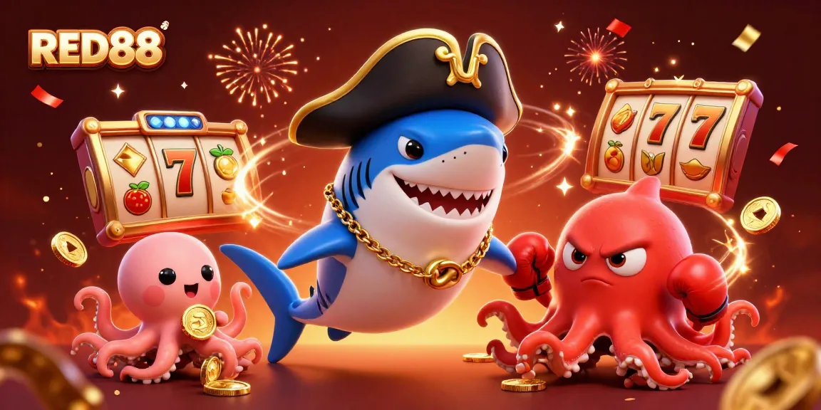 Experience thrilling gameplay at RED88 with vibrant characters and slot elements, celebrating winning moments.