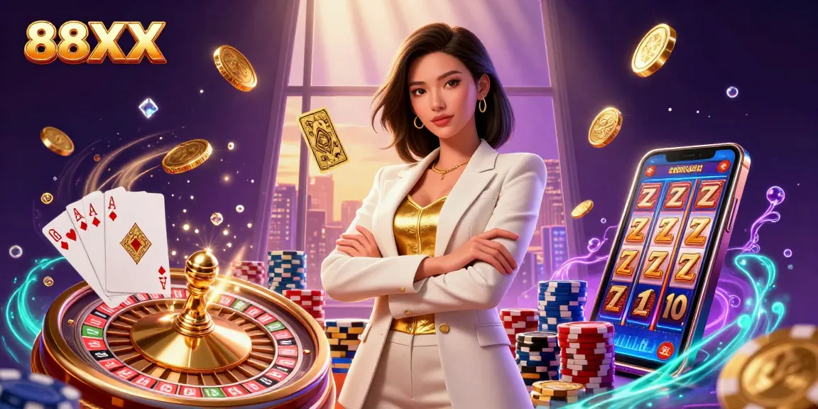 Experience the excitement of 88XX casino with a glamorous dealer and dynamic gaming elements.