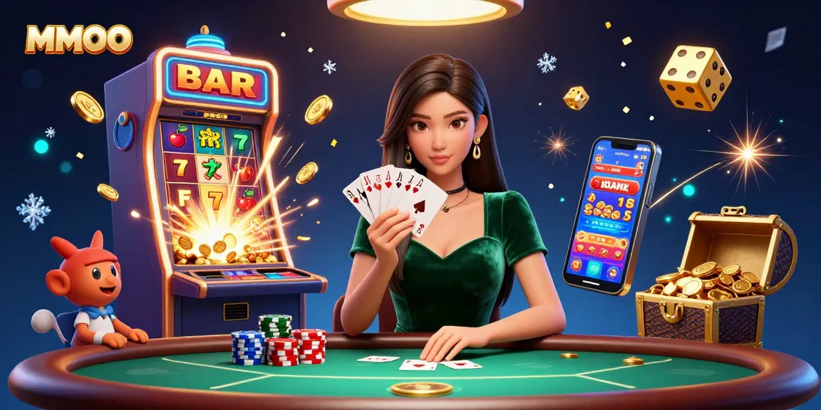 Engage with MMOO casino gameplay featuring an Asian woman at a poker table amidst a jackpot explosion.