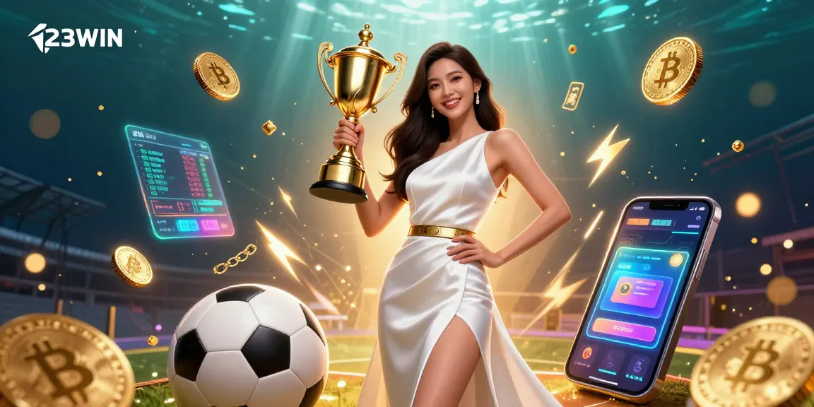 Experience the thrill of betting at 123WIN with a victorious Asian woman holding a trophy.