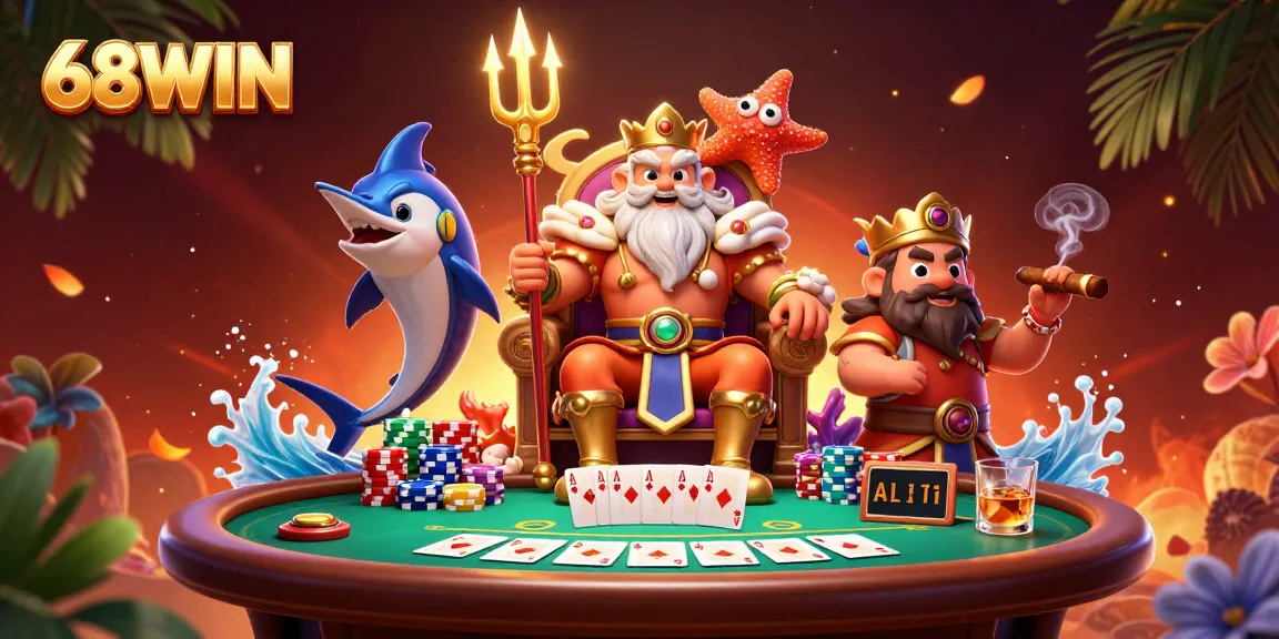 Experience thrilling gameplay at 68WIN, featuring Neptune and poker elements in a vibrant casino scene.