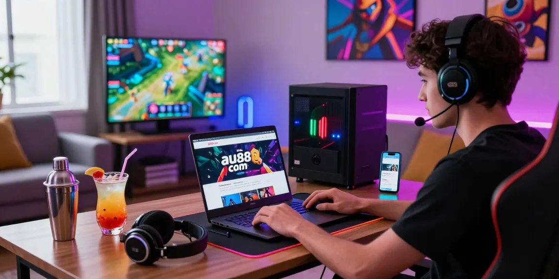 Engaging online gaming setup with au88 com website displayed, vibrant lights, and gaming elements.