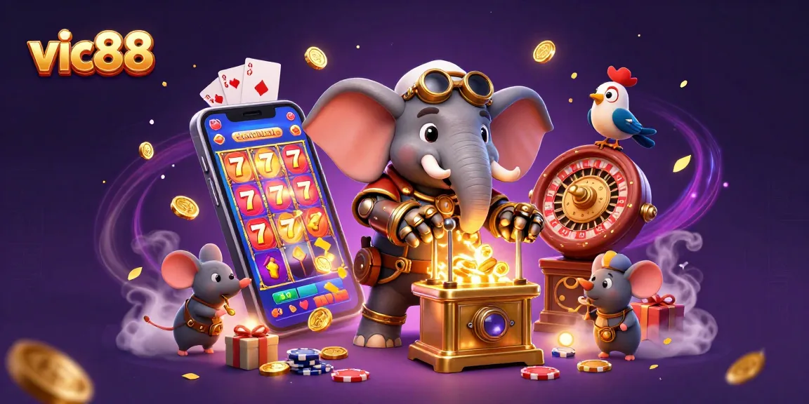 Play slot games with vic88 featuring a steampunk elephant and dynamic casino elements.