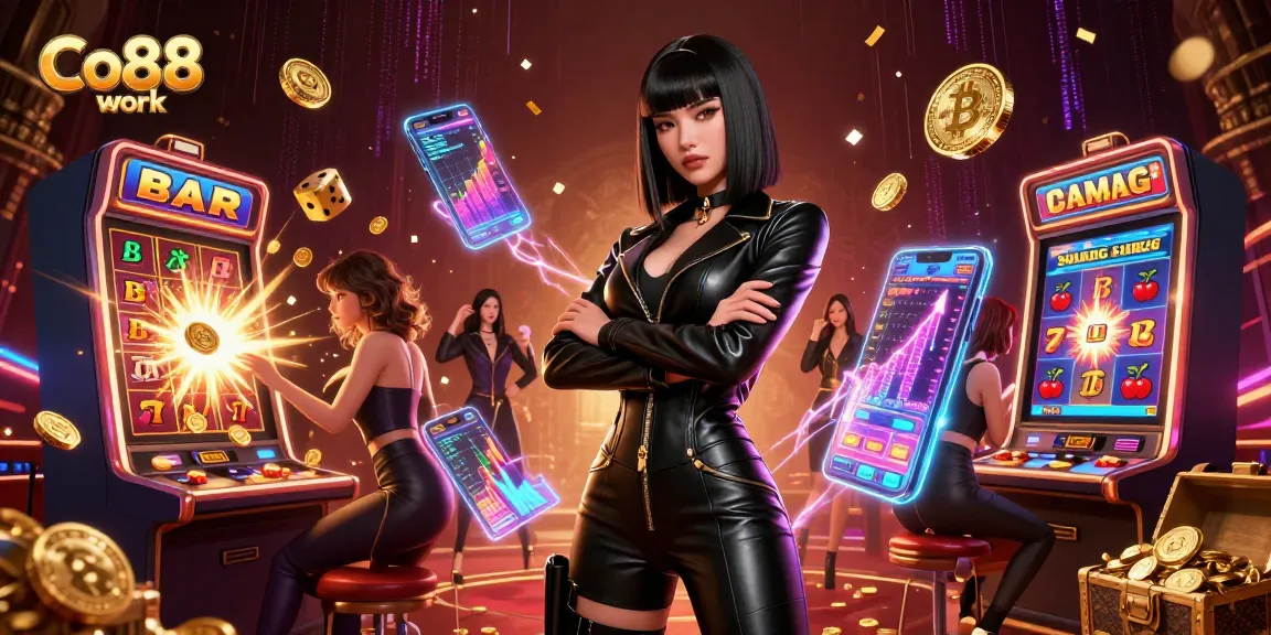 Experience thrilling wins with Co88 work in a vibrant 3D casino scene featuring a powerful woman surrounded by rich gaming elements.