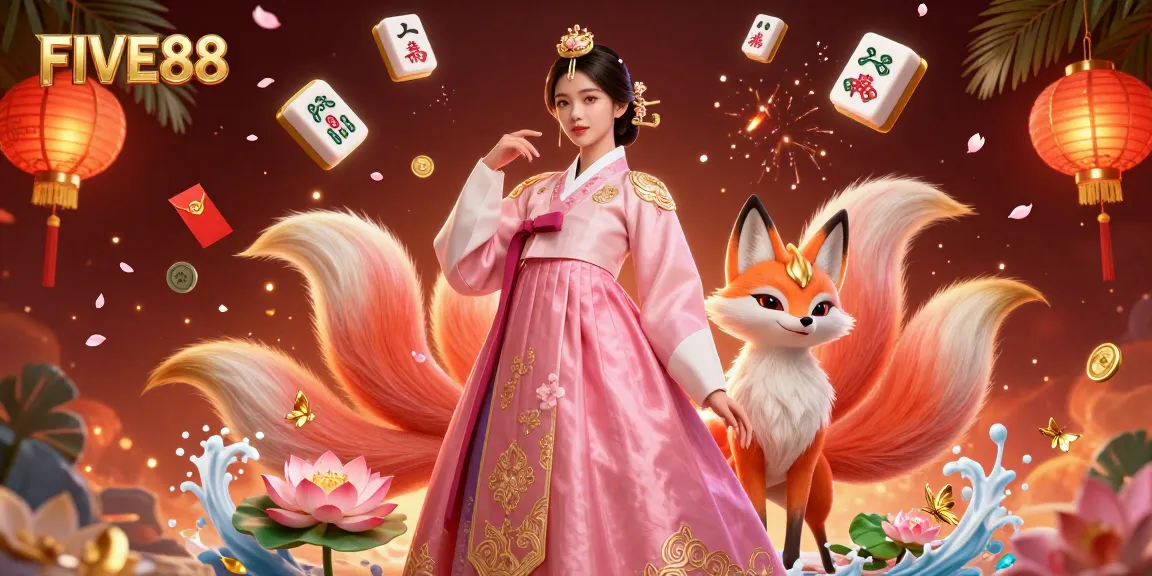 Experience thrilling gaming at FIVE88 with an elegant Asian woman, lucky fox, and vibrant casino elements.