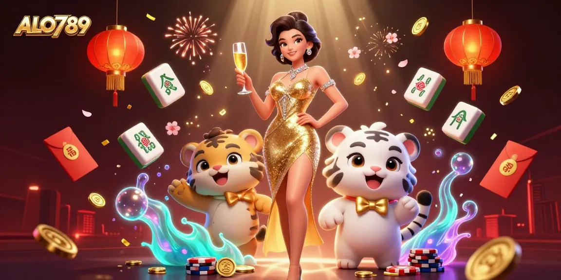 Engage with the vibrant ALO789 scene where a glamorous woman enjoys a winning moment with a lucky tiger cub amidst floating casino elements.