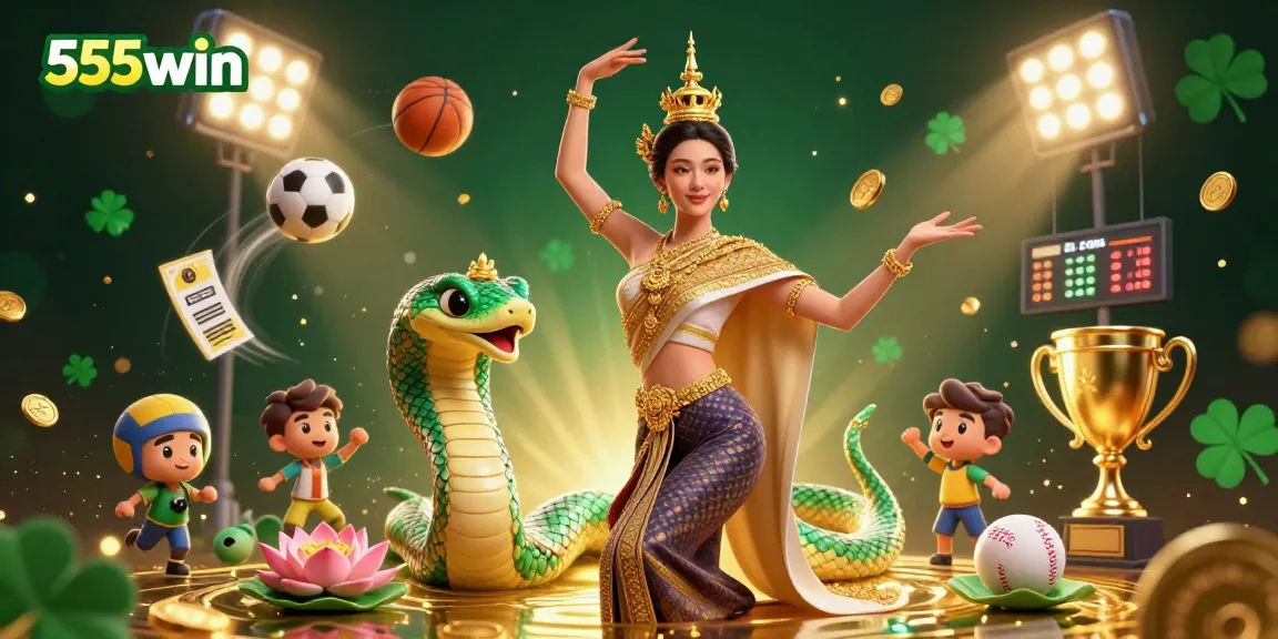 Experience the excitement of 555win with a captivating 3D casino illustration, showcasing vibrant gambling elements.