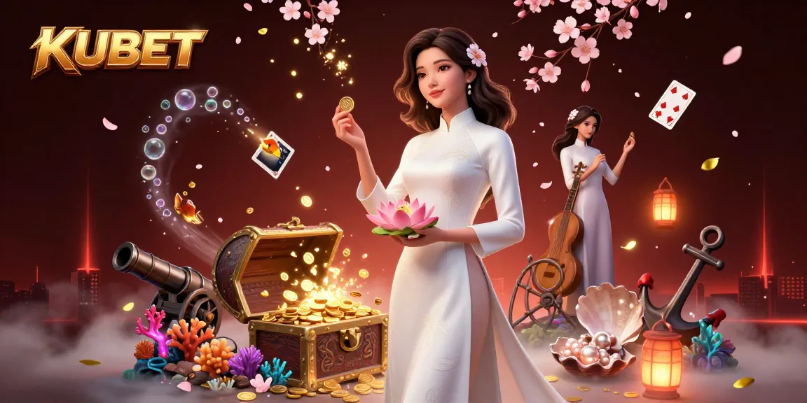 KUBET showcases a vibrant scene of an elegant Asian woman amidst a dynamic underwater treasure world, embodying exciting gaming elements.