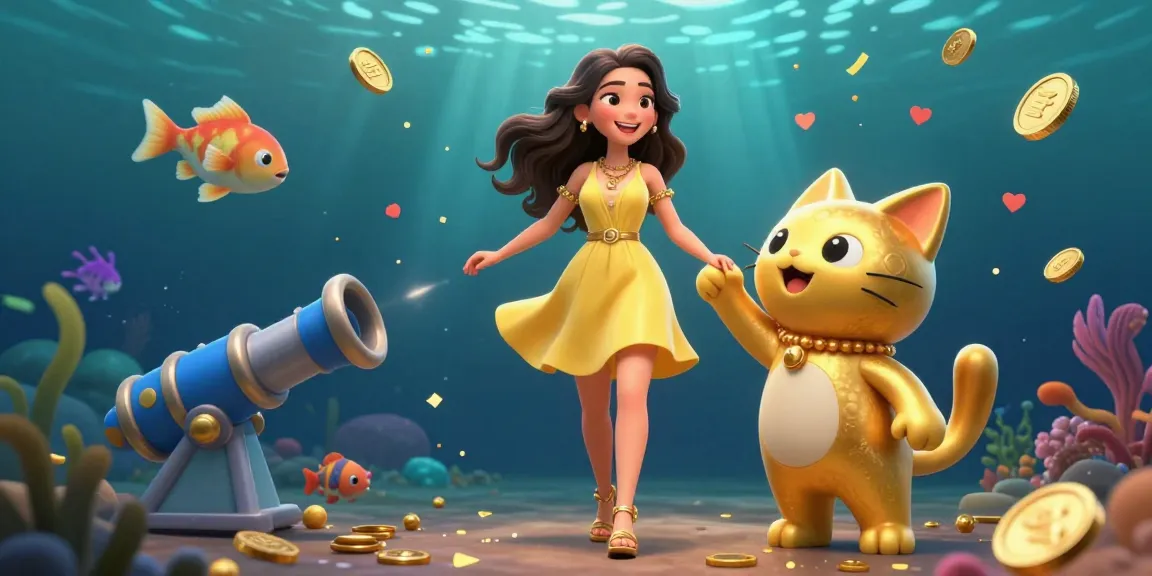 HITCLUB showcases a vibrant fish shooting game scene with a cheerful Asian woman and a lucky cat.