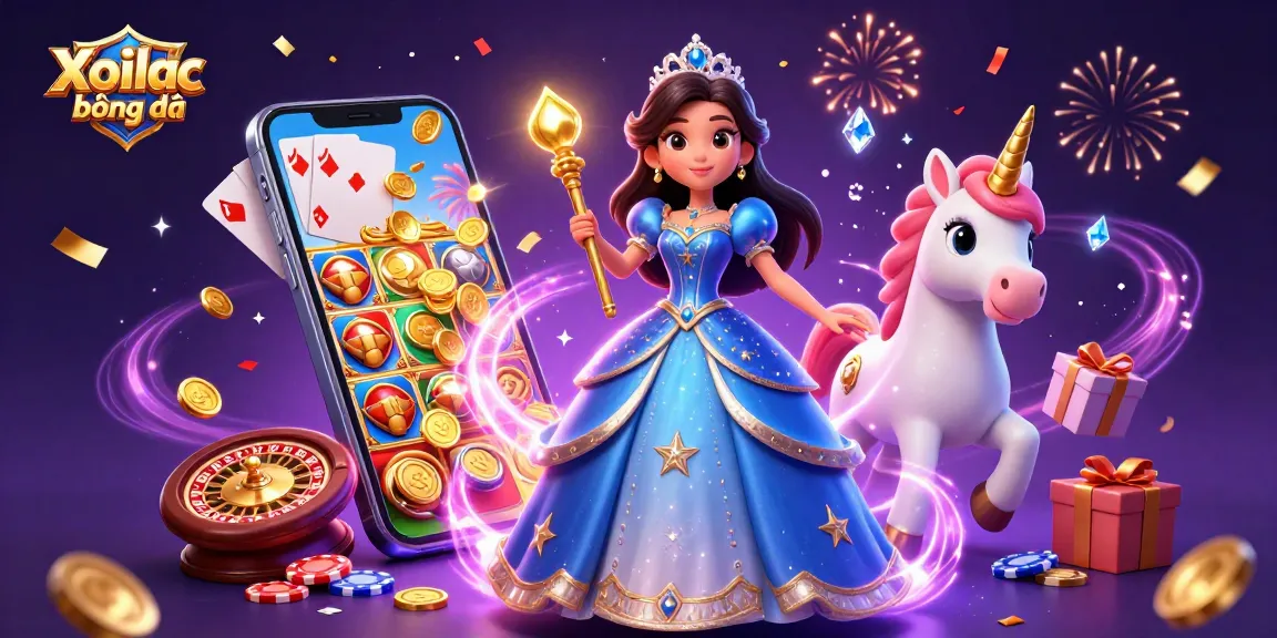 Join the excitement at Xoilac bóng đá with a vibrant 3D scene of thrilling casino games and magical elements.