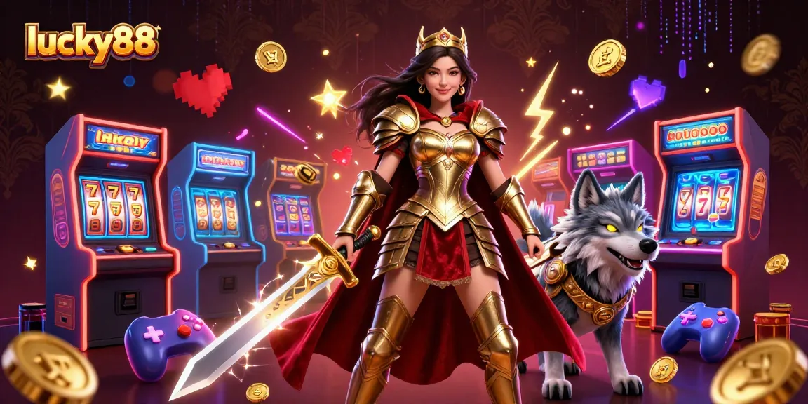 Engage in the thrilling gameplay experience of lucky88, featuring an exciting 3D casino scene with a warrior queen and vibrant slot machines.