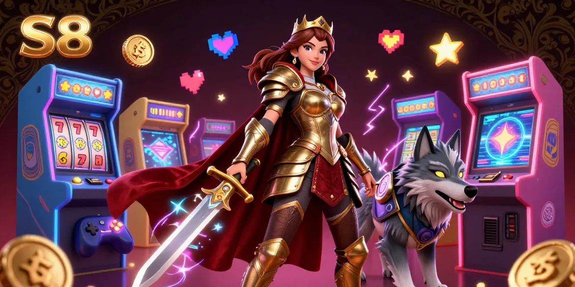 S8 offers vibrant game action in this 3D illustration of a warrior queen and armored wolf amidst a dynamic casino gaming scene.