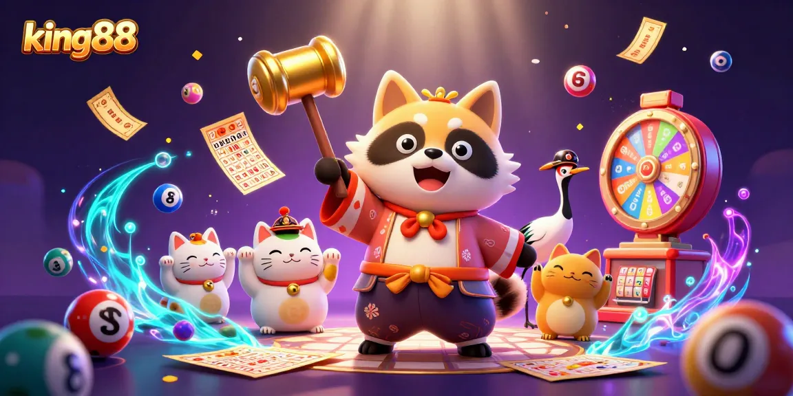 king88 casino features a cheerful tanuki celebrating with colorful lottery elements in a vibrant scene